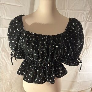 Divided Black Off the Shoulder Puff Sleeve Blouse with Smocked Ruffled Peplum